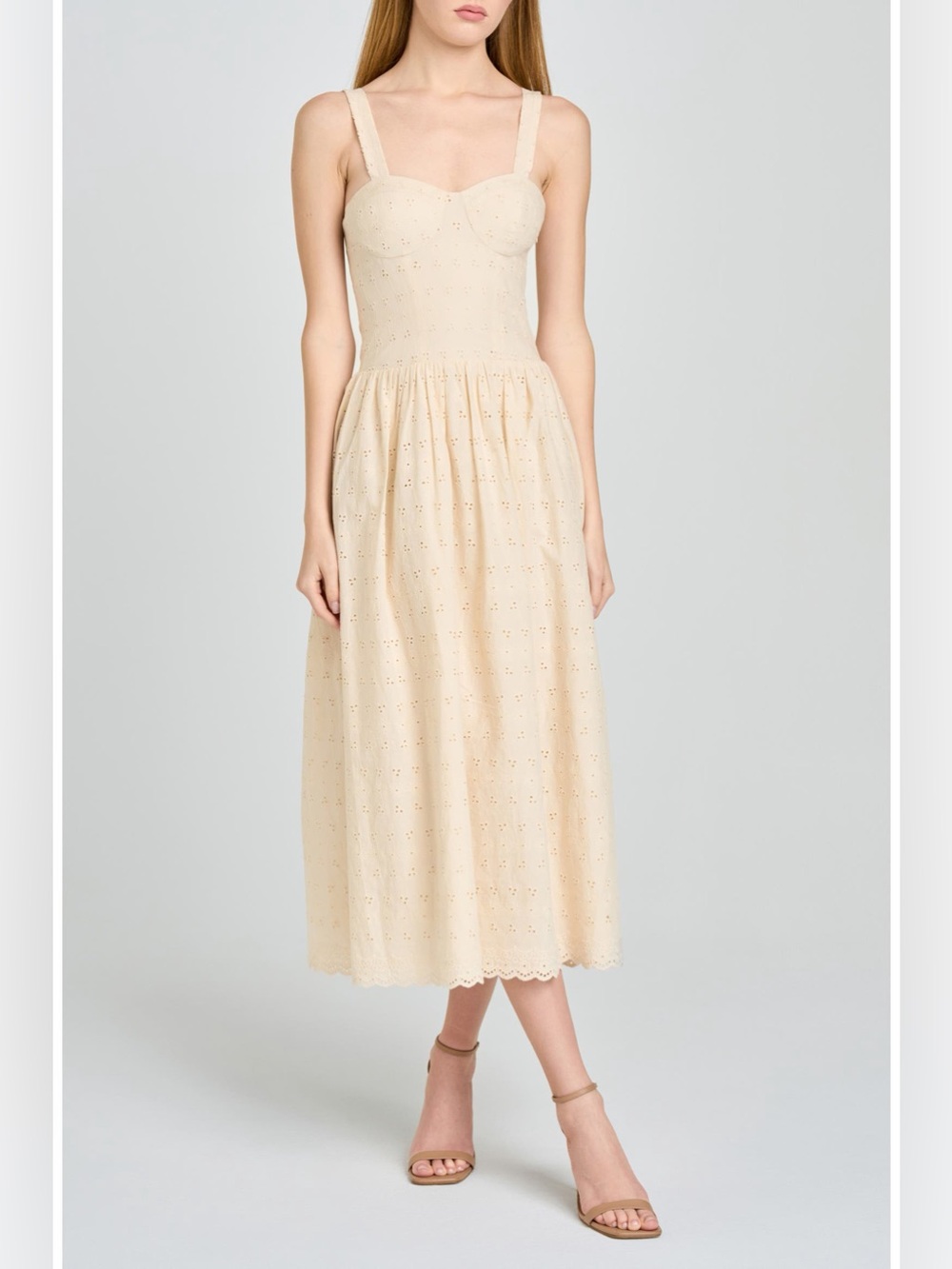 WAYF Lillian Eyelet Cotton Midi Dress Beige XS NWT